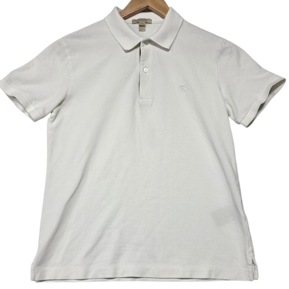 Burberry Brit Polo Shirt Mens S White Short Sleeve Pique Cotton Knight Logo